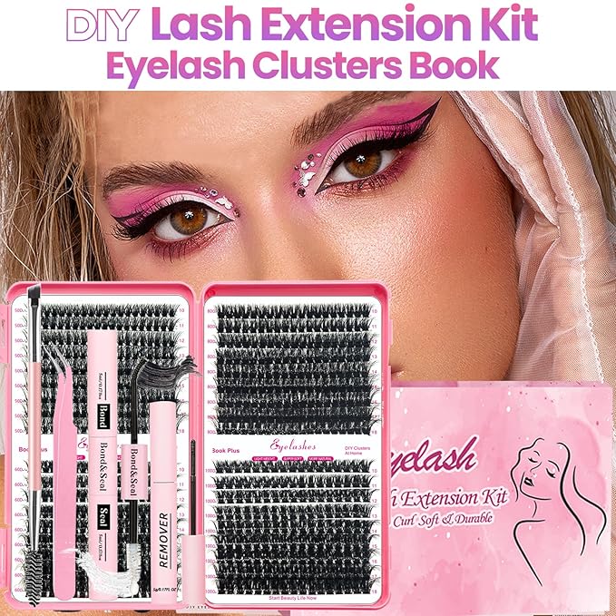 Qiveaory DIY Lash Extension Kit 684pcs Lashes Clusters Thick D Curl Eyelash Extension Kit with Lash Bond and Seal,Eyelash Remover Tweezers Brush(10-18mm,50D+60D+80D+100D) DIY at Home