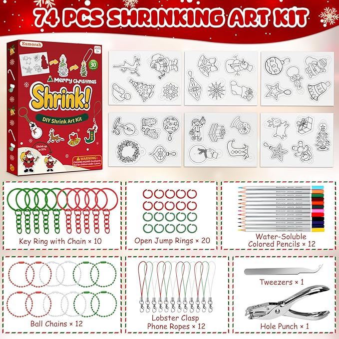 74PCS Shrink Dink Sheets Keychain Kit, Christmas Theme Ornaments Gifts Shrink Plastic Sheets with 6PCS 7.9"x5.7" Pre-Printed Shrinking Film Art Paper for Kids DIY Crafts, Perfect Stocking Stuffer