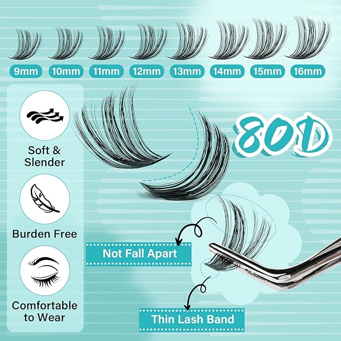 Lash Clusters Kit 200pcs, Eyelash Extension Kit 80D D Curl Diy Cluster Eyelashes Extensions Lash Bond and Remover Waterproof Lash Applicator Tools for 9-16mm Mix Lashes Individual Lash Kit