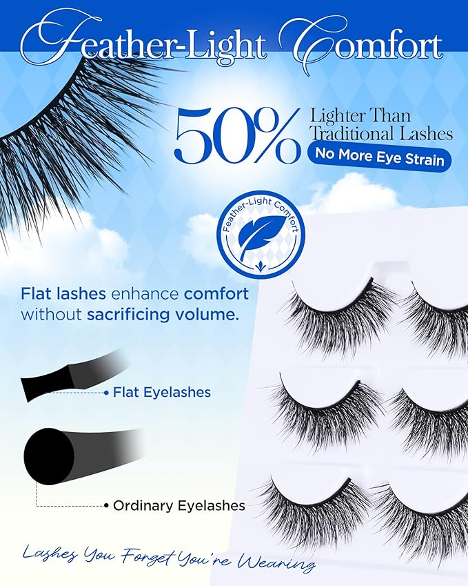 EYELIAN False Eyelashes, Black Full Volume Strip Flat Lashes 8-15mm Ultra Lightweight and Soft Wispy, Natural Doll Eye Fake Lashes, Reusable, Easy to Apply