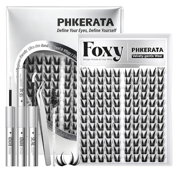PHKERATA Cat Eye Lash Clusters Kit Fairy Eyelash Clusters Spiky Lash Extension Kit Left & Right Wispy Cluster Eyelash Extensions DIY Fox Eye Individual Lashes with Clear Bond and Seal Tweezers