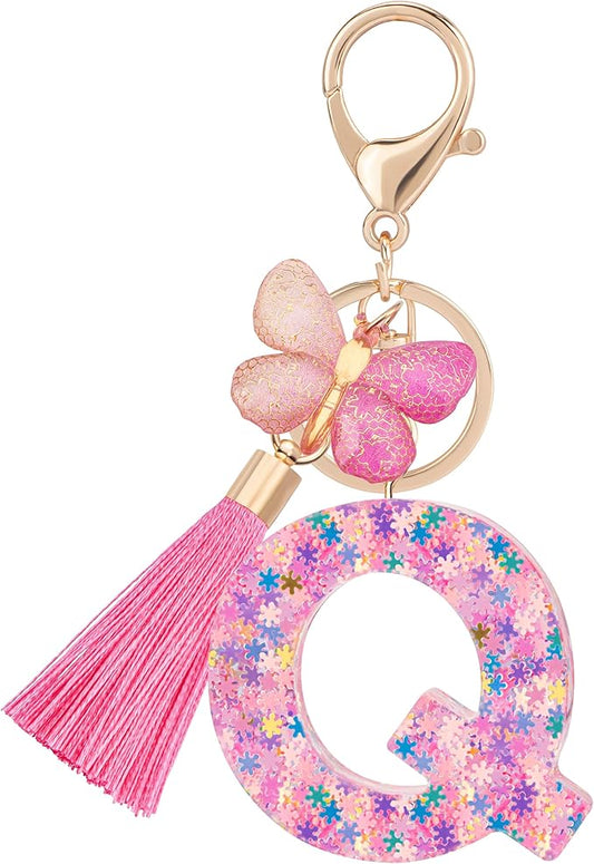 Suweibuke Cute Pink Key Chains for Women Girls, Initial Letter Keychains with Tassel, Charms for Key Purse Handbags Backpacks