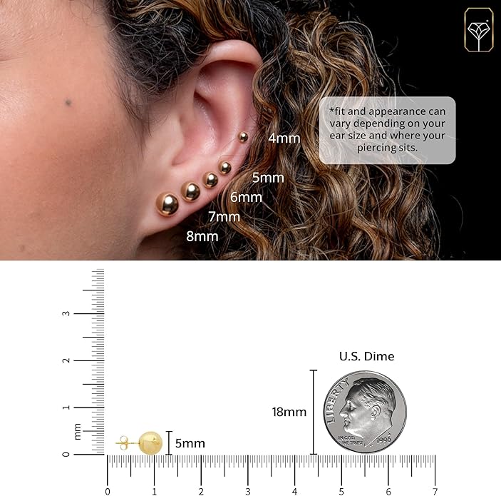 14K Gold Stud Earrings for Women | Yellow Solid Gold Flat & Full Ball Earrings with Gold Butterfly Backs | 4MM-8MM Hypoallergenic Real 14K Button Ball Studs for Women & Men by MAX + STONE