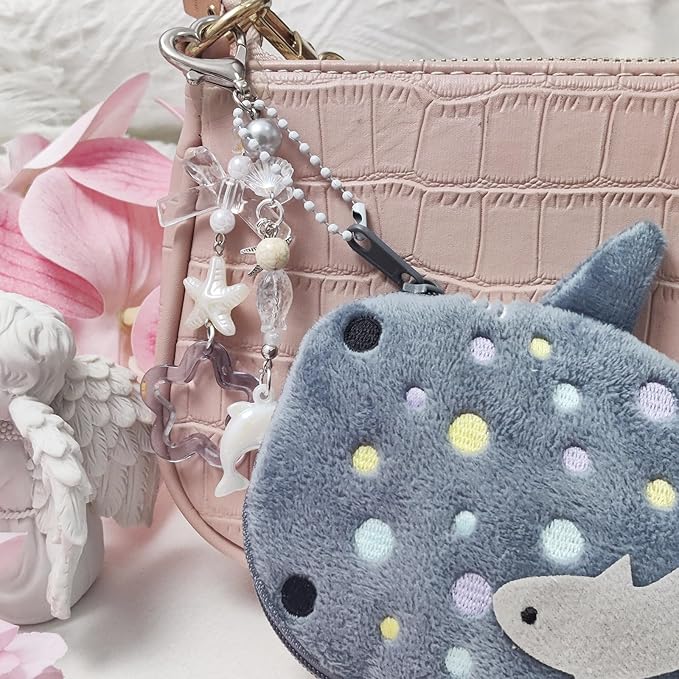 Adorable Whale Shark Coin Purse Keychain,Soft Plush Zipper Coin Purse,Handmade Purse Bag Charm Gift for Women (Grey)