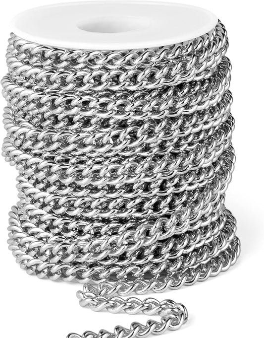16.5 FT Stainless Steel Curb Chain Roll, 7mm 304 Stainless Steel Flat Twisted Links Curb Chains Bulk Spool for Jewelry Making Necklace DIY Craft