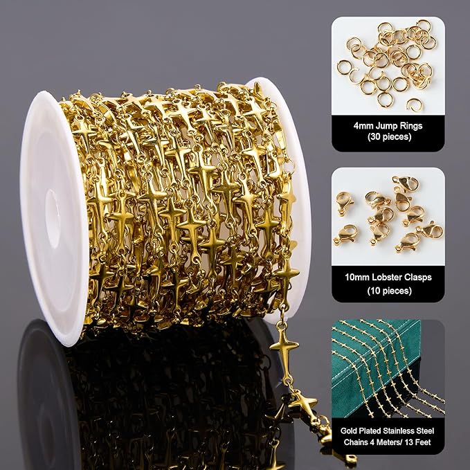 UMAOKANG 13 Feet Gold Plated Stainless Steel Jewelry Making Chain Roll Cross Chain Link for Jewelry DIY with Jump Rings and Lobster Clasps