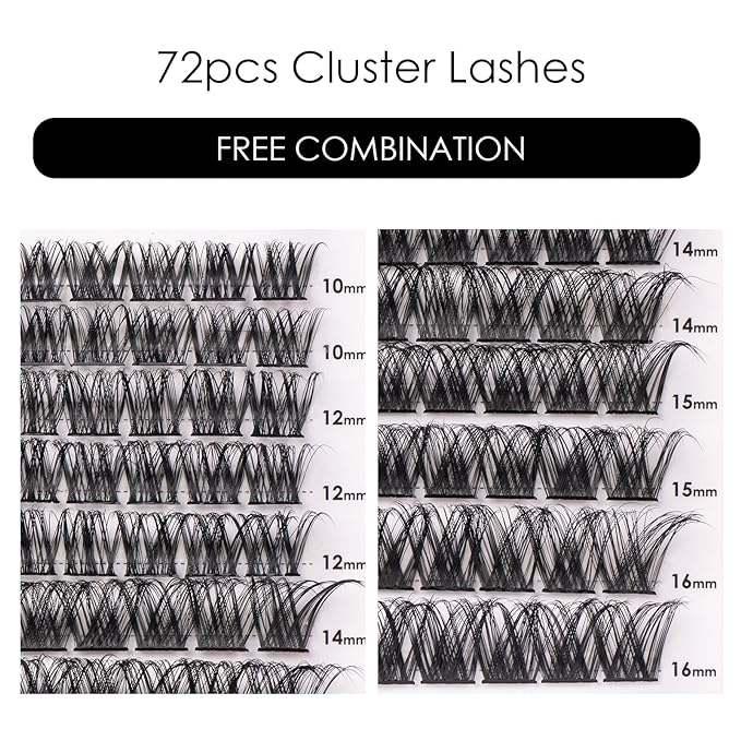 Cluster Lashes 72 Individual Lashes Clusters Eyelash Extensions False Eyelashes DIY Lash Extension Kit Reusable False Eyelashes Natural Look Mix 10-16mm-DM01
