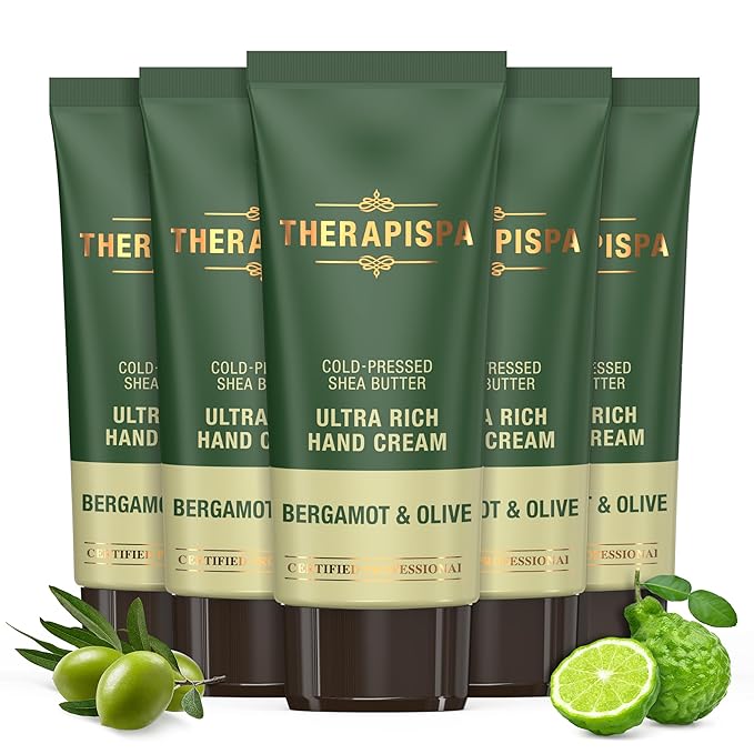 THERAPISPA Ultra Rich Hand Cream – Intensive Hydration & Repair for Dry, Chapped Hands | Enriched with Shea Butter, Ceramides, Niacinamide (B3) & Panthenol (B5) (Bergamot & Olive, 2.0 oz, Pack of 5)