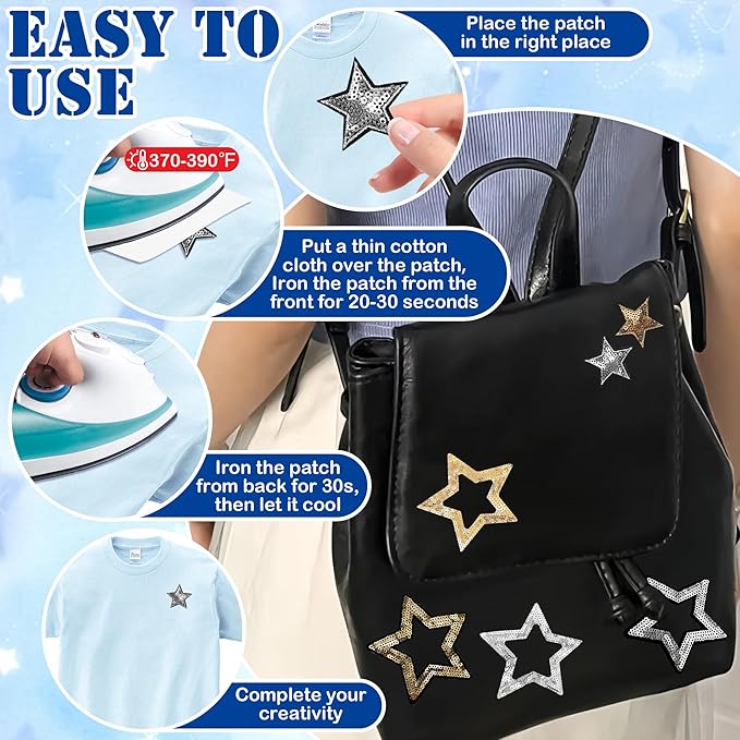 30Pcs Sequin Star Iron on Patches Glitter Stars Patches Gold Black Silver Iron on Stars for Hats Clothes Backpacks Costume