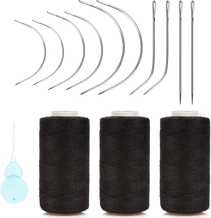XCZYN Needle and Thread Set Professional Hair Extension Tools 10Pcs Curved Needle with 3Pcs Black Threads for Making Wig DIY Hand Sewing Hair Weave Extension (3 Thread, Black)