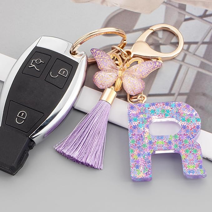 Suweibuke Cute Pink Key Chains for Women Girls, Initial Letter Keychains with Tassel, Charms for Key Purse Handbags Backpacks
