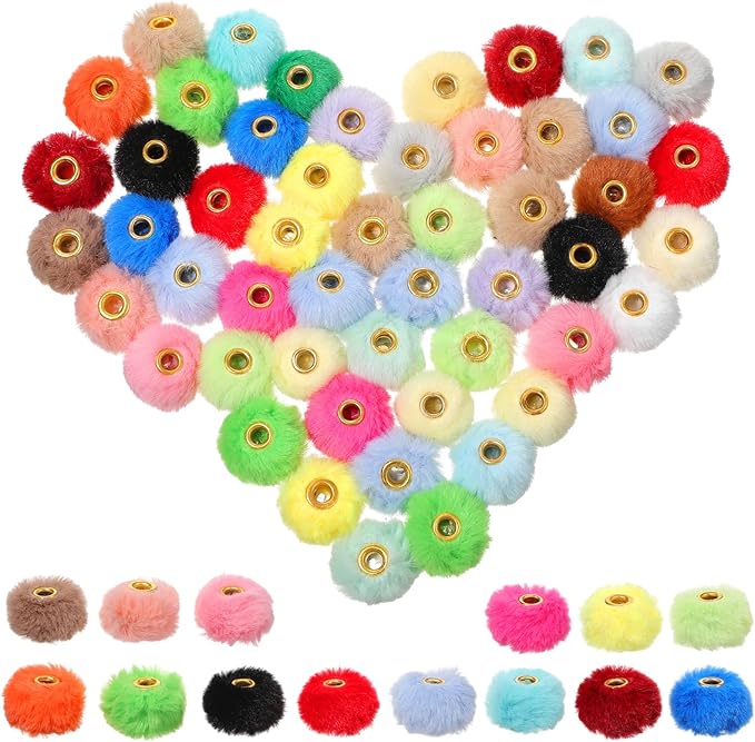 250PCS Fluffy Faux Fur Pom Poms Beads Mixed Color Soft Fuzzy Puff Spacer Beads for DIY Pens Jewelry Bracelet Garland Headband Keychain Handicrafts Craft Accessories Gift Supplies
