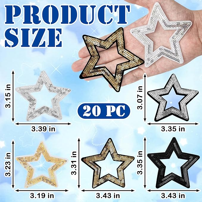 20pcs Hollow Star Iron on Patches - Sequin & Glitter Star Iron on Patches for Hats, Clothes, Backpacks, Costume