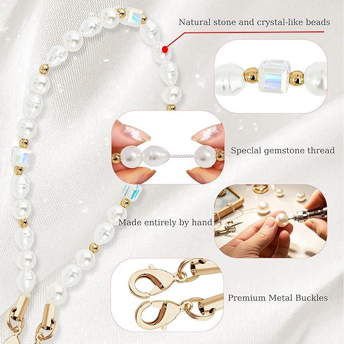 Marble Beaded Phone Wrist Strap,Detachable Phone Bracelet Strap with Tether Tab,Hands-Free Wristlet Strap (White Pearl)
