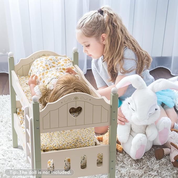 ROBOTIME Baby Doll Bunk Bed, Wooden Doll Crib for 18 Inch Dolls, American Girl Doll Furniture Toy with Bedding (Green, 2 Pcs Beds)