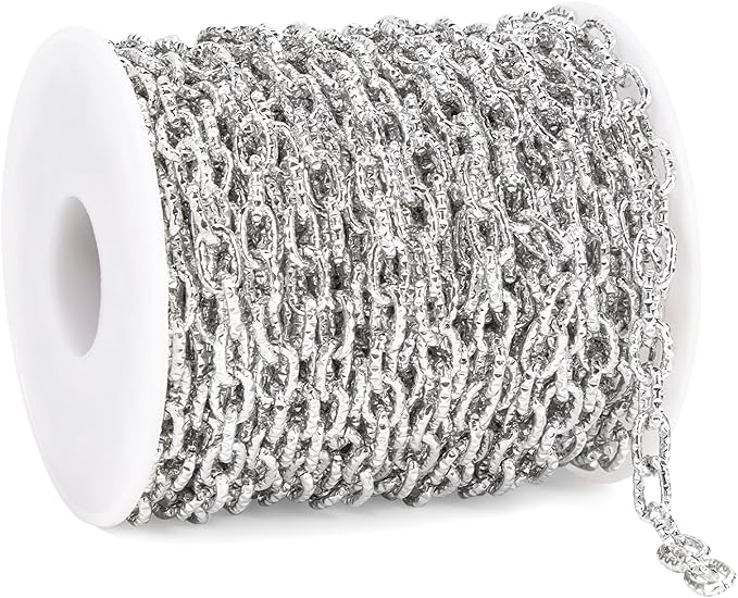 BORUINIE Silver Bulk Chain for Jewelry Making 33 Feet Aluminum Textured Oval Rolo Chains Spool for Crafts Bracelet Necklace Jewelry Making