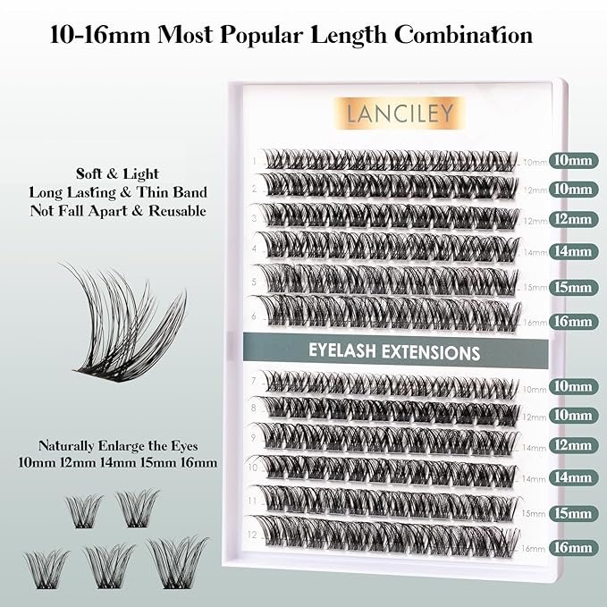 Lash Clusters 144pcs Volume Eyelash Clusters 10-16MM DIY Individual Lashes C Curly Eyelashes Manga Lashes Clusters Natural Cluster Eyelash Extensions Soft Thin Band Cluster Lashes for Beginners-DM01