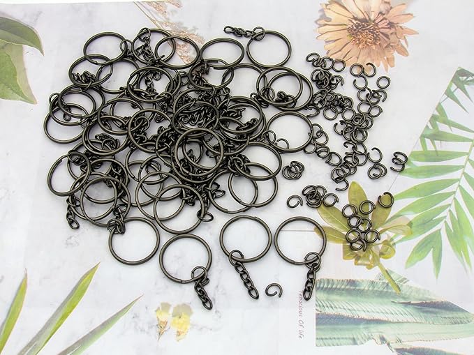 50Sets 1 inch Keychain Rings Gun Black Split Round Key Ring with Chain and Open Jump Rings for DIY Keychain Making Crafts
