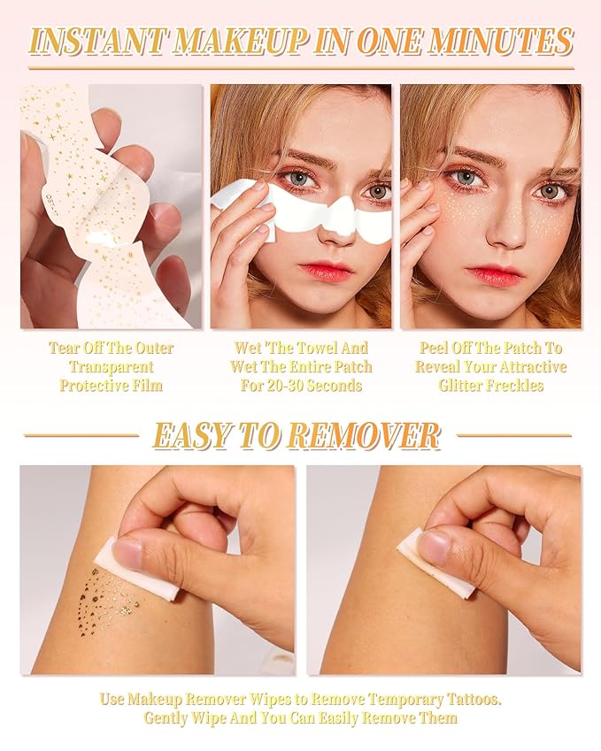 SUMEITANG Glitter Freckles Face Tattoo Patches - 12PCS Temporary Sparkle Face Stickers with 10 Remover Wipes | Waterproof Festival Rave Party Makeup Accessories for Women Girls (Silver)