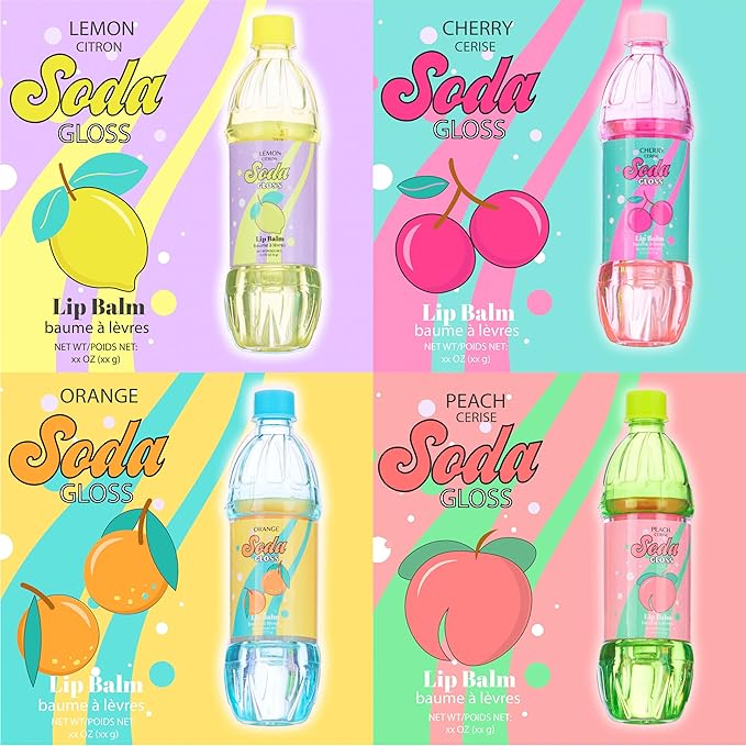 8pc Pop Gloss - Novelty Soda Fruity Flavored Lip Balm Set, Vending Machine Soda Lip Balm Collection, Safe and Non-Toxic Lip Gloss Gift Set For Girls