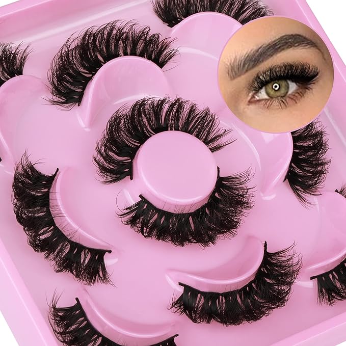 Natural False Eyelashes Fluffy Mink Lashes 3D Wispy D Curl Eye Lashes Russian Strip Thick Full False Eyelashes 5 Pairs 21mm by Focipeysa Eyelashes