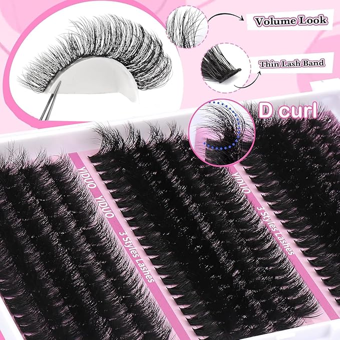 YIDUO Lash Clusters Lashes Kit Volume D Curl Wispy Individuals Eyelash Extensions, Volume Studio Effect, Fake Eyelashes 255Pcs All-in-1 Pack with Glue |Tweezers |Removers |Eyelash & Eyebrow Brush