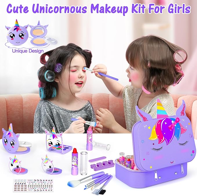 Kids Makeup Kit for Girl - 2 in 1 Kids Washable Makeup Toys & Nail Art Kit with Nail Dryer and Storage Case, Real Girl Makeup Set Birthday Gifts Toys for 3 -12 Year Old Girls, Light Purple