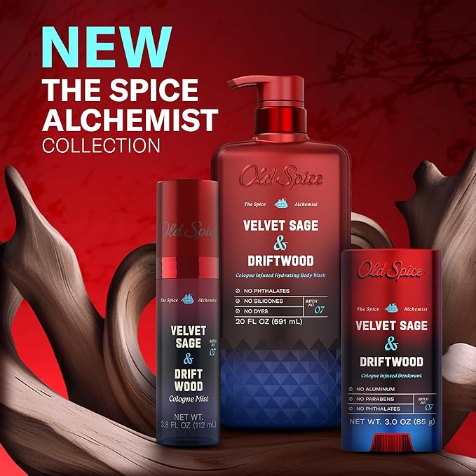 Old Spice Body Wash for Men, The Spice Alchemist Collection, 24/7 Cologne Infused Hydration, No Trade Off Formula, Free of Phthalates Silicones & Dyes, Velvet Sage + Driftwood Scent, 20 oz