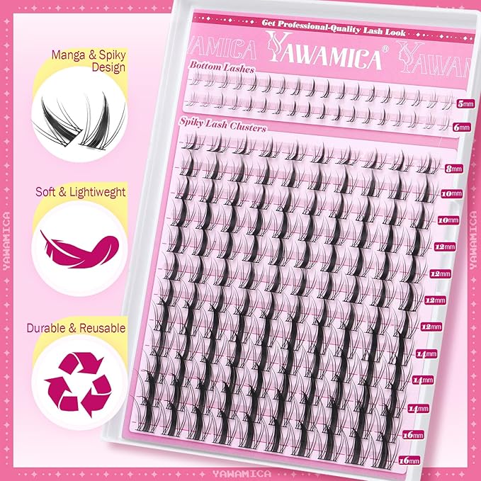 Yawamica Manga Lash Clusters Kit with Bottom Lashes DIY Eyelash Extension Kit Fairy Eyelash Clusters 8-16mm Individual Lashes Clusters Wispy Cluster Lashes with Bond and Seal Remover and Lash Tweezers