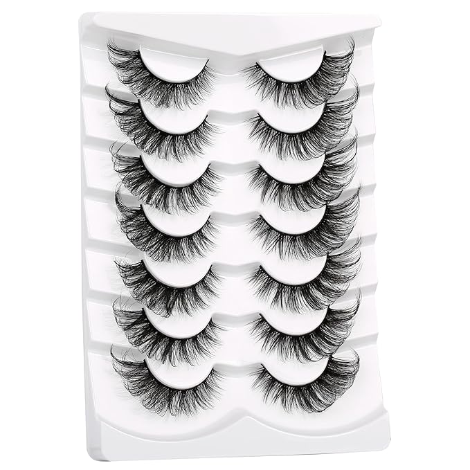 Poolunch False Eyelashes Cat Eye Lashes 8D Volume Wispy Natural Crossed Fake Eyelashes Faux Mink Lashes Strips 7 Pairs Pack