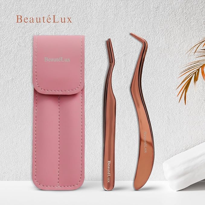 Eyelash Applicator Tweezers 2 PCS Tool for False Eyelash Application & Lash Extensions, Mistake-Proof Lash Placement Tweezers for Professional and DIY Use, with Pink Leather case