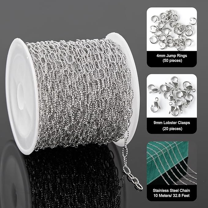 UMAOKANG 10 Meters Stainless Steel Chains Bulk on Spool Shiny Embossed Paperclip Chain for Jewelry Making