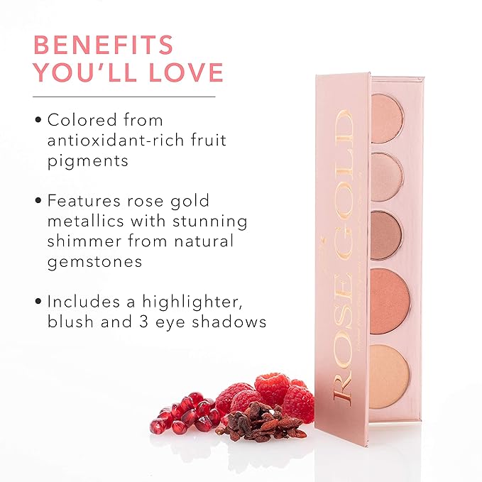 100% PURE Rose Gold Makeup Palette All in One Compact 3 Eyeshadow, Blush, Face Highlighter, Fruit Pigmented Natural Warm Metallic Shimmer for All Skin Types - Vegan (Glowy Rose Gold Metallics)
