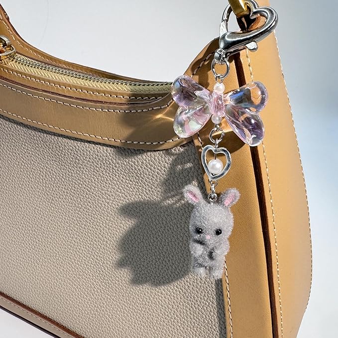 Cute Fuzzy rabbit Keychain for Women - Y2K Plush Bow Bag Charm Decor, Kawaii Kitty Pendant Gift for her