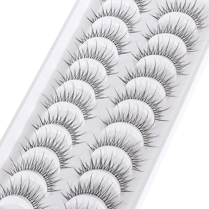 Manga Lashes Natural Look Japanese Anime Lashes Korean Asian Wispy Spiky Lashes with Clear Band Short Fake Eyelash 10 Pairs Pack by outopen