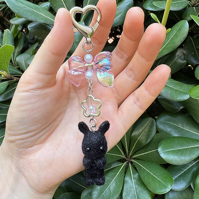 Cute Fuzzy rabbit Keychain for Women - Y2K Plush Bow Bag Charm Decor, Kawaii Kitty Pendant Gift for her