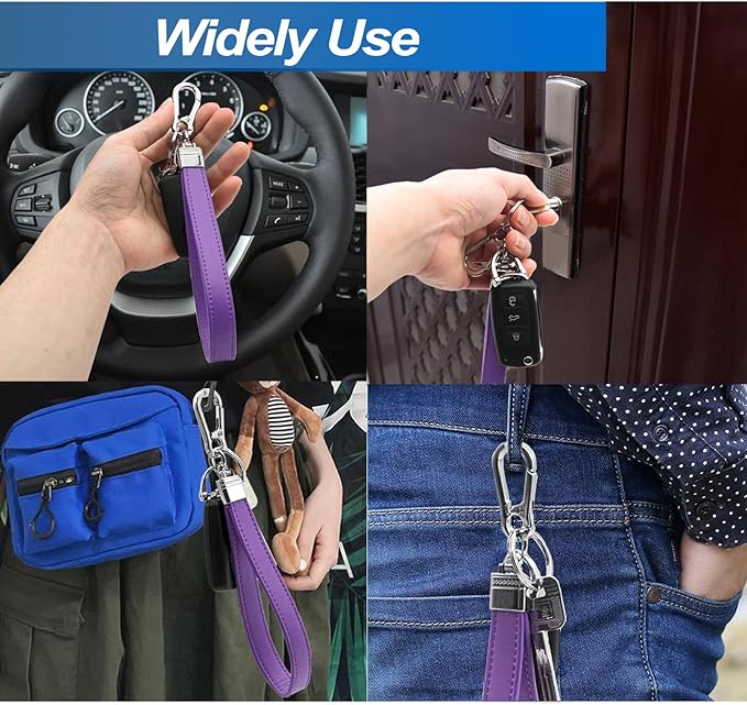 Car Fob Key Chain Genuine Leather Wristlet Strap Keychains Holder for Men and Women, 360 Degree Rotatable, with Anti-lost D-Ring, Carabiner Clip and 4pcs Key Rings, Purple