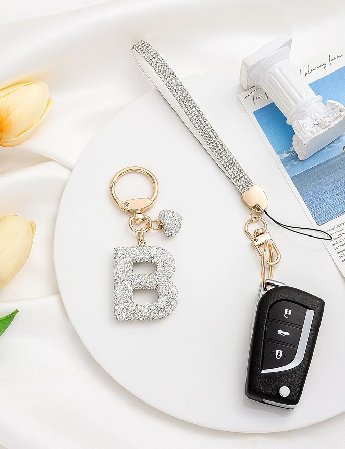 Initial Keychain for Women Girls,Bling Letter Key chain Initial with Heart,Pink Keychain Charms for Backpack Handbag