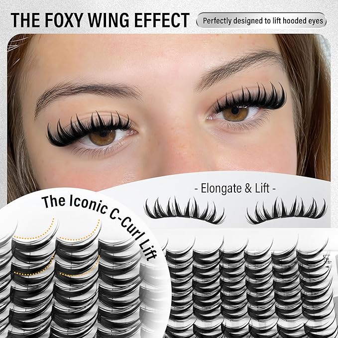 PHKERATA Cat Eye Lash Clusters Kit Fairy Eyelash Clusters Spiky Lash Extension Kit Left & Right Wispy Cluster Eyelash Extensions DIY Fox Eye Individual Lashes with Clear Bond and Seal Tweezers
