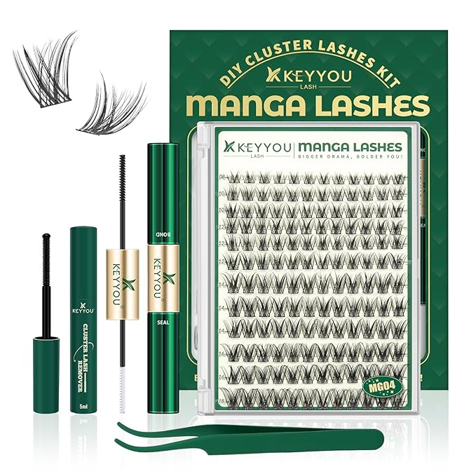 KEYYOULASH Manga Lash Clusters Kit 8-18mm Eyelash Clusters Kit DIY Lashes Extension Kit Natural Fairy Cluster Lashes with Bond Seal Remover Applicator Soft Thin Band(MG04)