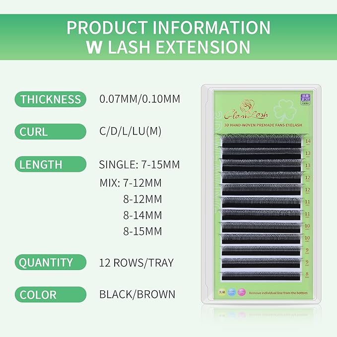 GLAMLASH W Eyelash Extensions 3D Volume Premade Fan Natural Soft Matte Lash Professional Salon Supplies (3D,0.07,L,8-14mm)