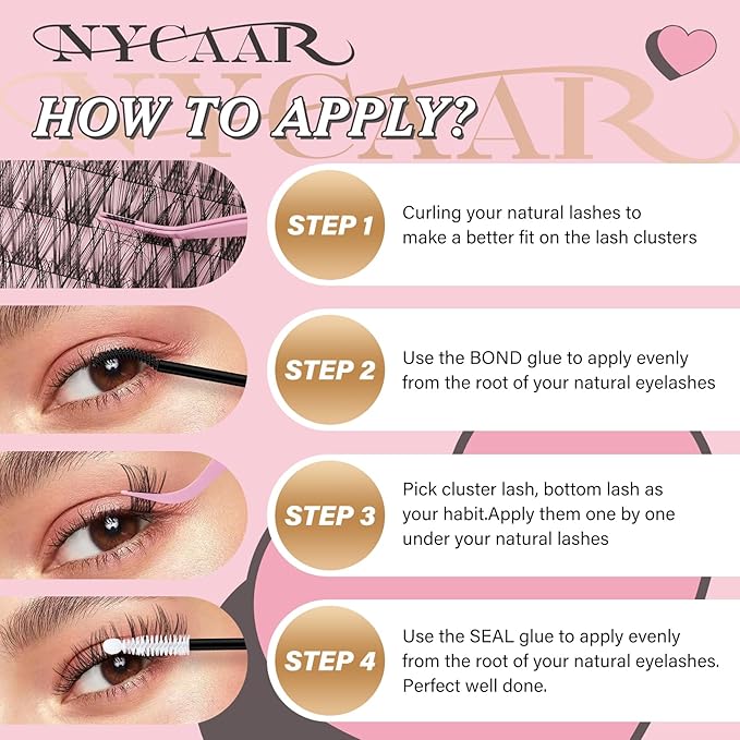 NYCAAR Lash Clusters Kit Wispy Natural Lash Extension Kit D Curl 144Pcs Fluffy Individual Lashes 8-18mm Anime Eyelash Extension Kit with Bond and Seal,Remover,Applicators DIY Lashes Kit at Home(NY03)