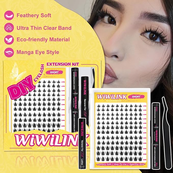 WiWiLINK Manga Lash Clusters Kit 8-14mm Eyelash Clusters DIY Lash Extension Kit Waterproof Anime Lashes Ultra-Thin Band 0.3mm Individual Cluster Eyelash Extensions, California Sunset Short-Kit
