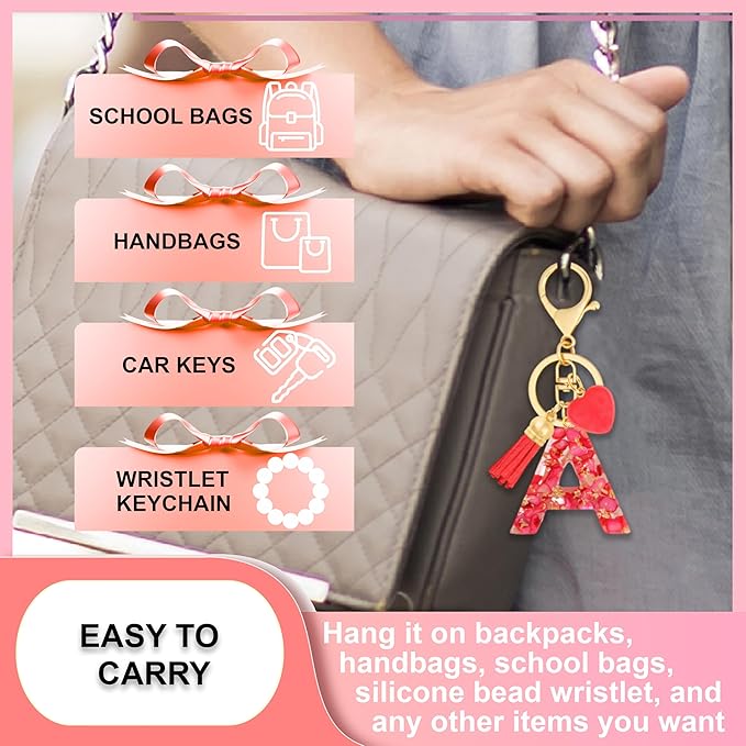 Initial Keychains for Women with Cute Heart Resin - Alphabet Letter Keychain for Bag, Backpacks, Purse or Car key