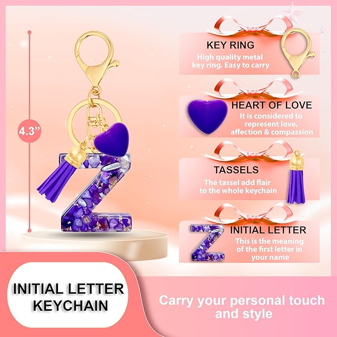 Initial Keychains for Women with Cute Heart Resin - Alphabet Letter Keychain for Bag, Backpacks, Purse or Car key