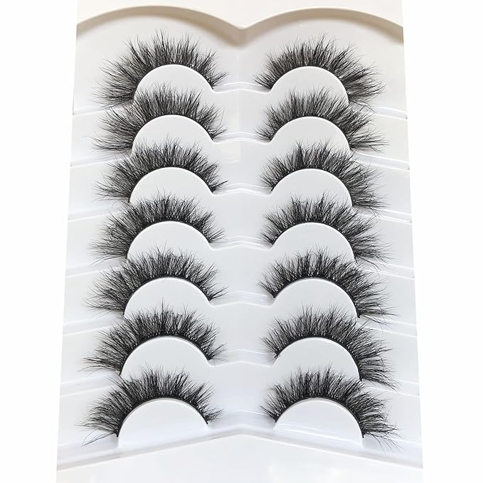 Pooplunch False Eyelashes Cat Eye Look Natural Volume Lashes Wispy Short Fake Eyelashes Faux Mink Lashes 7 Pairs Pack