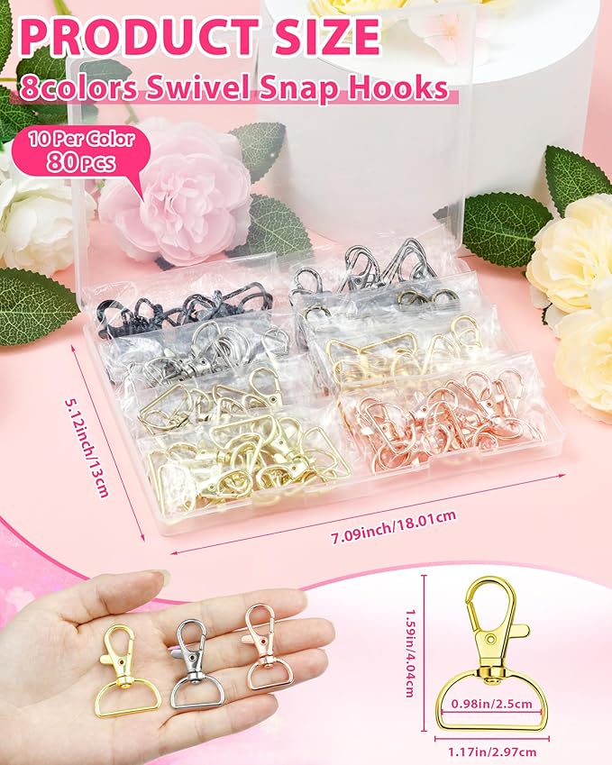FIVEIZERO 80Pcs Swivel Clasp Hooks, 8 Colors Metal Swivel Snap Hooks, 25mm Keychain Clasps, Purse Hardware for Bag Making, Lanyard Clips, DIY Crafts, Swivel Clips for Keychains, Purses,Accessories