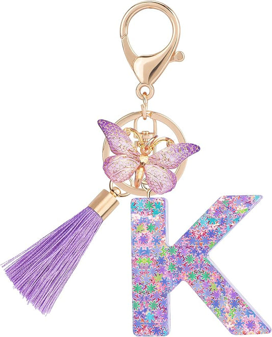 Suweibuke Cute Pink Key Chains for Women Girls, Initial Letter Keychains with Tassel, Charms for Key Purse Handbags Backpacks