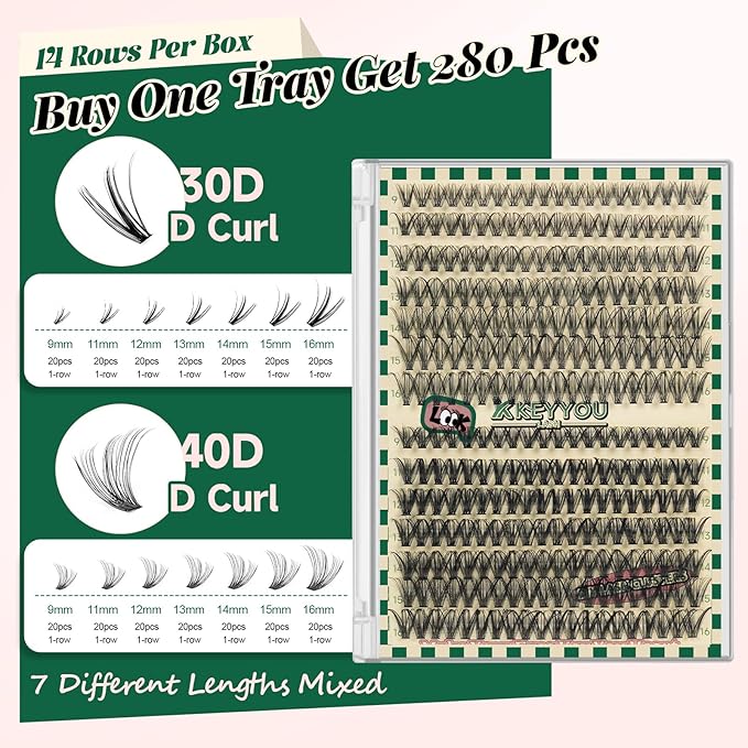 KEYYOU DIY Lash Extension Kit 280pcs Individual Lashes D Curl Eyelash Extension Kit 30D+40D 9-16Mix Lash Clusters with Lash Bond and Seal and Lash Applicator for DIY at Home(KIT-30D40D-0.07D-9-16MIX)