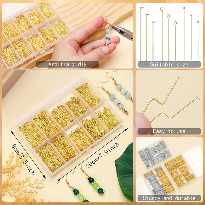 SONGIN 1085pcs Eye Pins and Flat Head Pins for Jewelry Making, Metal Eyepins, Headpins & Ball Head Pins for DIY Earrings, Necklaces, Bracelets, Pendants Jewelry Supplies(Gold)